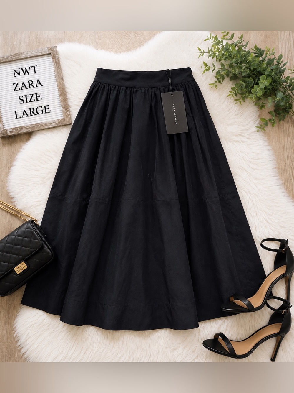 🖤✨ NWT Zara Black A-Line Midi Skirt Size Large Timeless Wardrobe Staple
